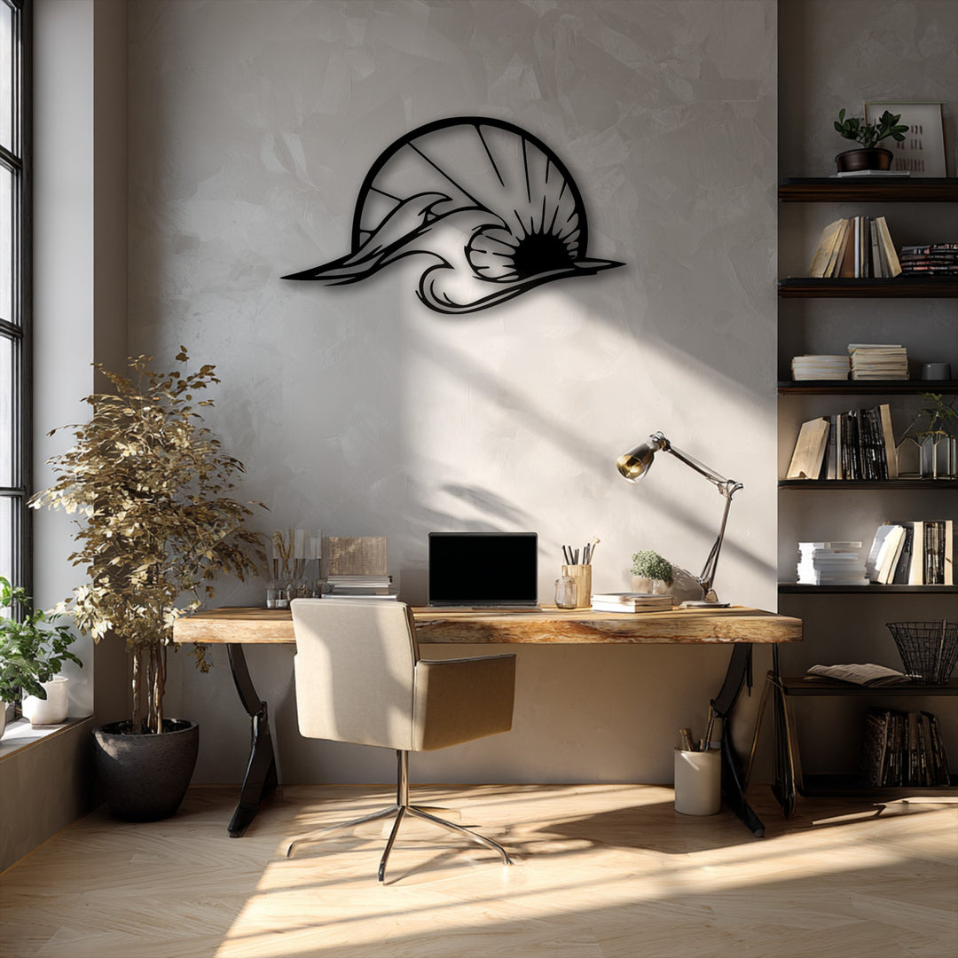 A serene and inspiring coastal mood fills this sunlit office, enhanced by the captivating dolphin and wave metal art for wall, fostering a peaceful workspace.
