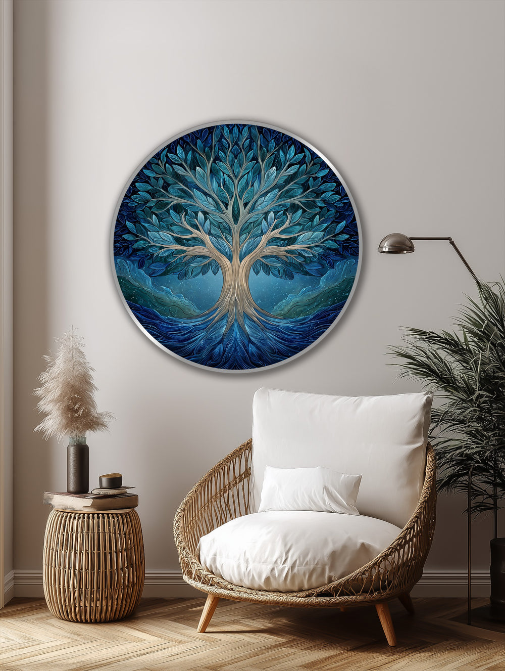 The focal point showcases a captivating blue Tree of Life round oil painting artwork with intricately detailed leaves and roots, creating a harmonious, nature-inspired piece.