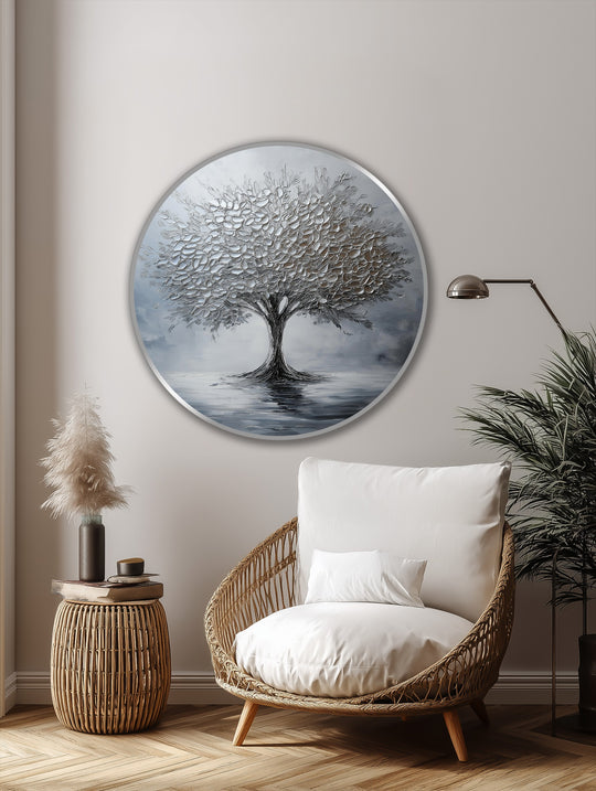 Striking color contrast defines this round oil painting reproduction print of a monochrome silver tree and its soft water reflection.