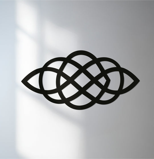 Shadowing defines the intertwined lines of the Celtic Knot geometric metal artwork, a captivating infinity symbol that adds depth to the metallic wall art.