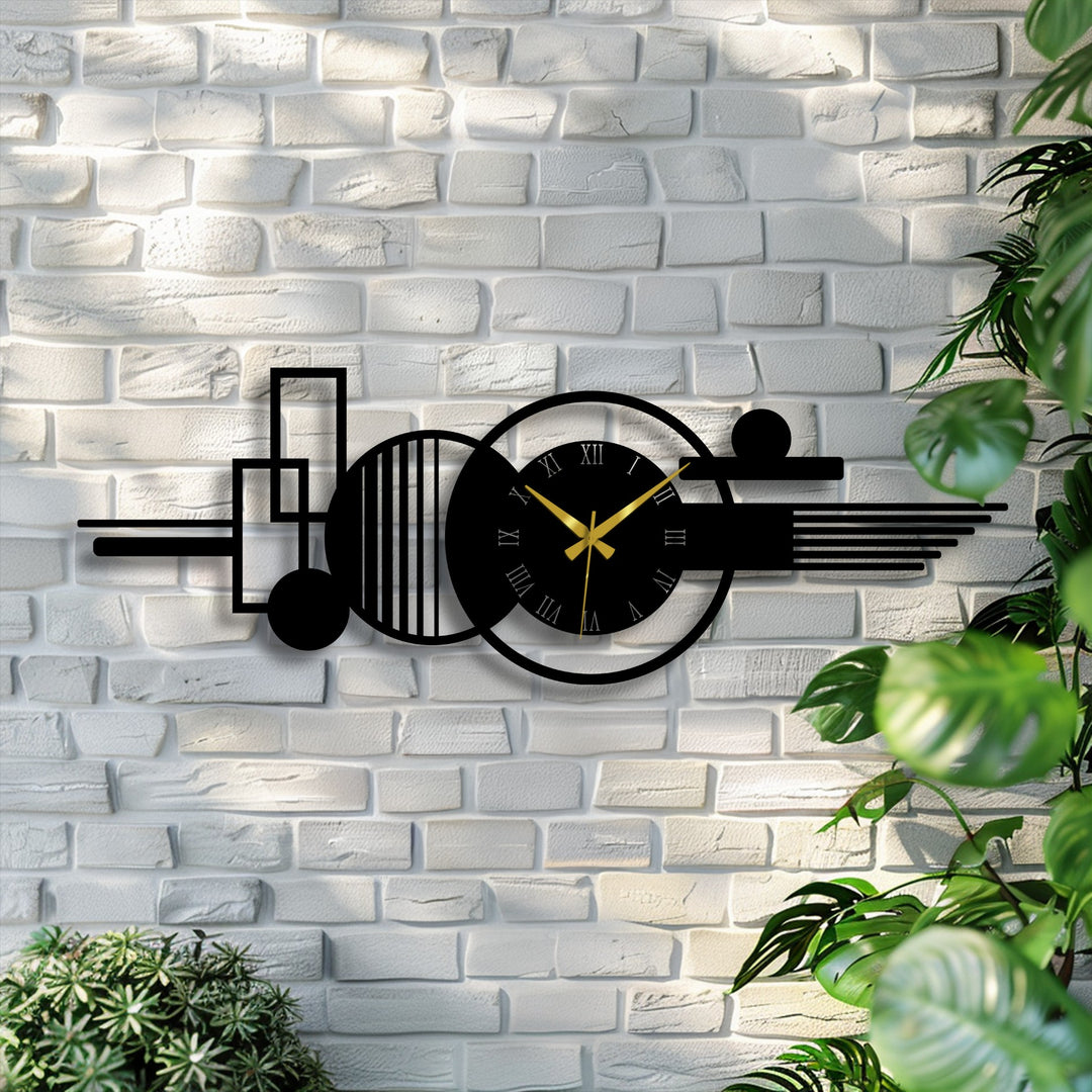 Contrasting shades highlight the unique metal wall art within this modern abstract Roman metal wall clock, blending geometric shapes with seamless transitions.