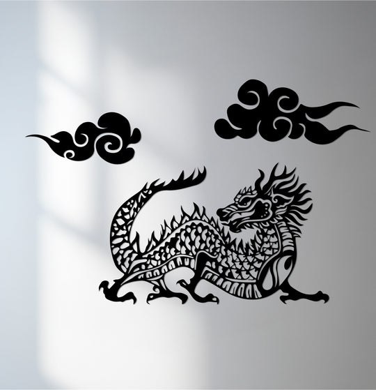 The stillness of the air surrounds the intricately cut oriental dragon decoration wall art as it floats amongst the swirling clouds.