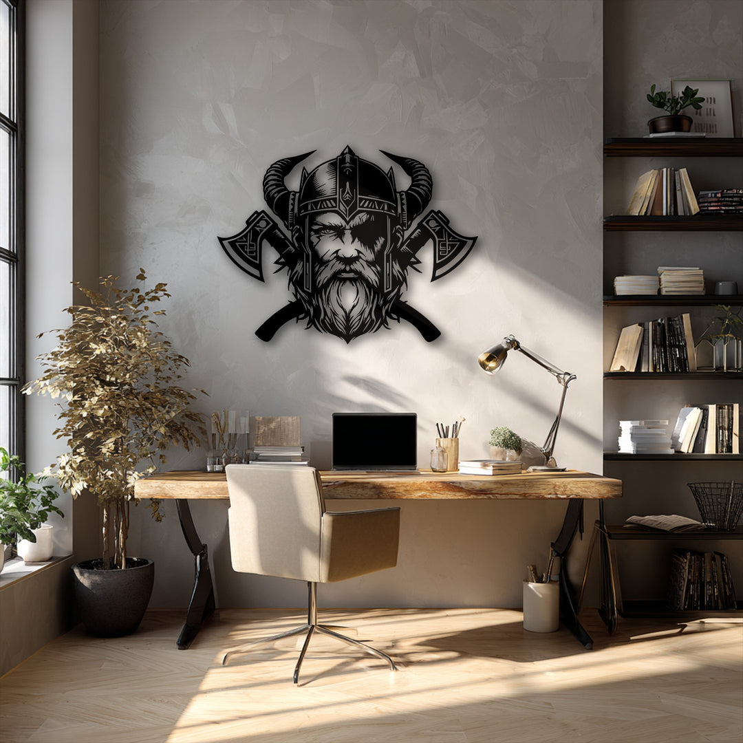 The interplay of bright sunlight and stark shadows dramatically accentuates the metal wall decor of a fierce Viking warrior with axes.