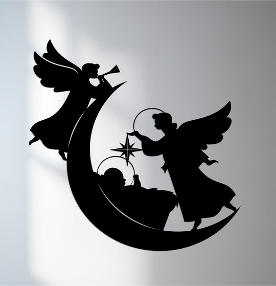 Brightest area highlights the baby Jesus and star in this decorative metal art, a heavenly nativity scene featuring angels on a crescent moon.