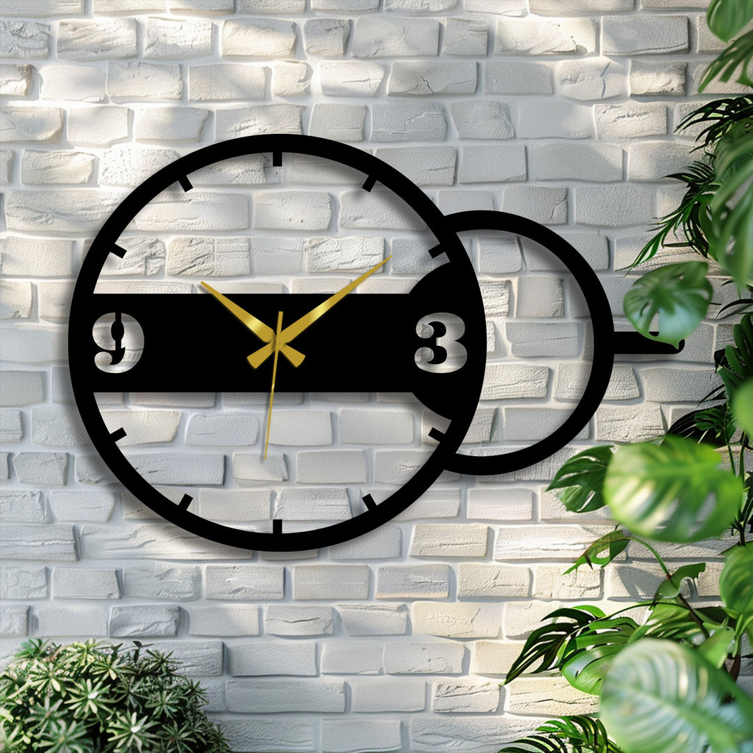 Alternating stick markers create a visual rhythm around the modern geometric dual circle decorative metal art clock mounted on a white brick wall.