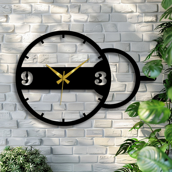 Alternating stick markers create a visual rhythm around the modern geometric dual circle decorative metal art clock mounted on a white brick wall.