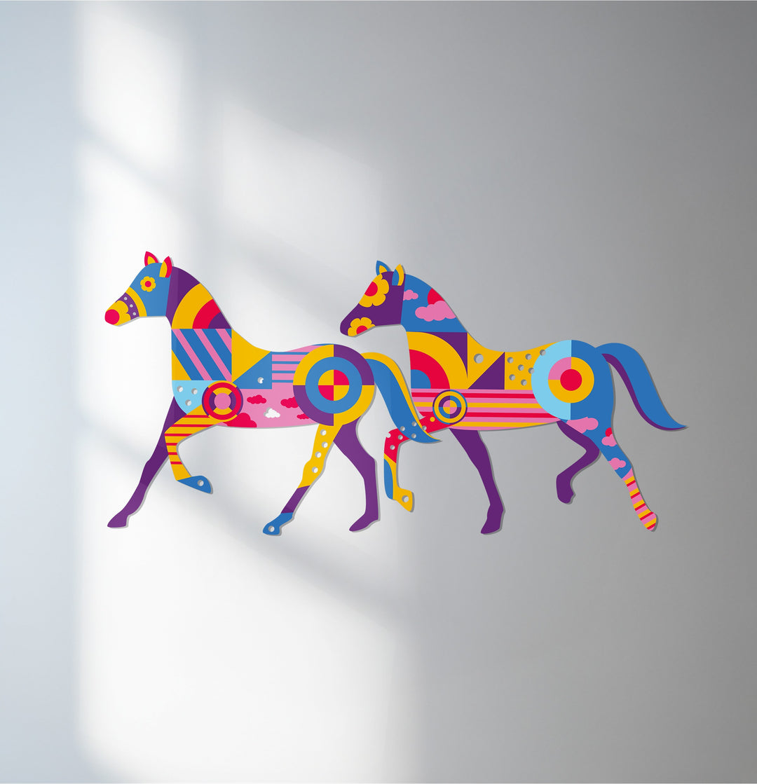 Colorful geometric horses metal wall art with modern design