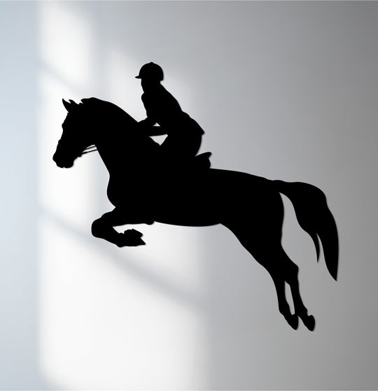 Strong color contrast highlights the black Equestrian Jump Silhouette, crafted as striking metal wall decor against the light wall.