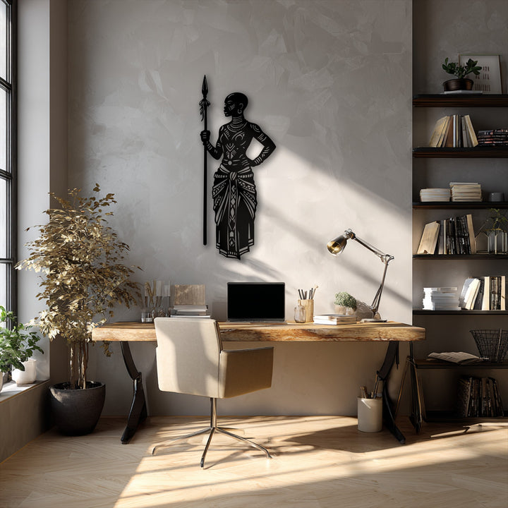 The sharp edges and detailed borders of the Tribal African Warrior with Spear decoration wall art beautifully define its cultural silhouette.