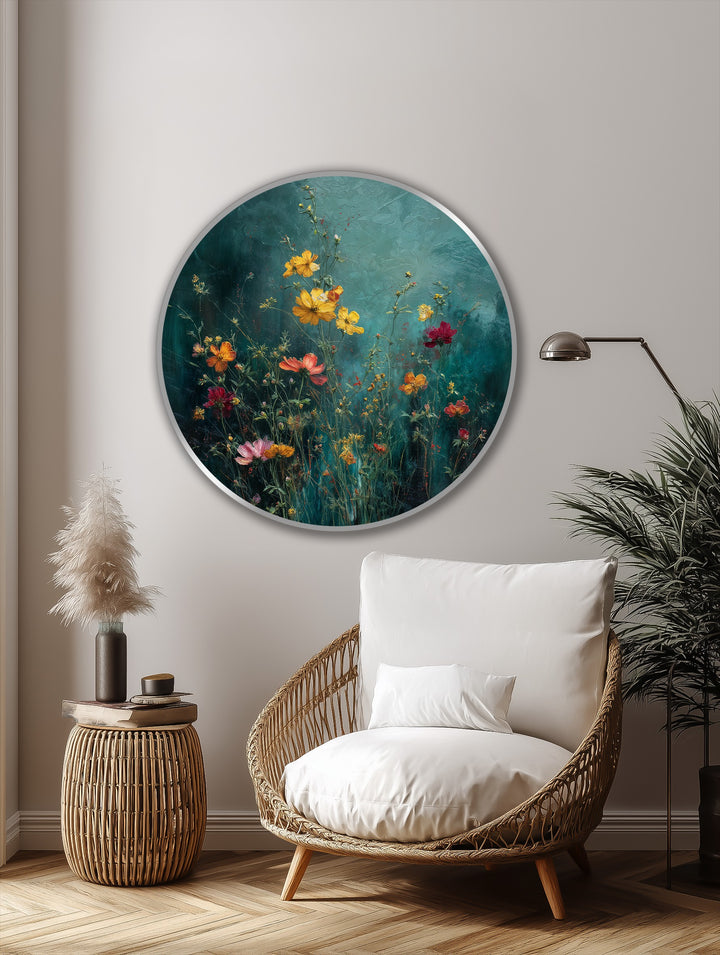 Highlighted by its sleek silver border, the round oil painting art prints feature a vibrant wildflower garden on a deep teal backdrop.