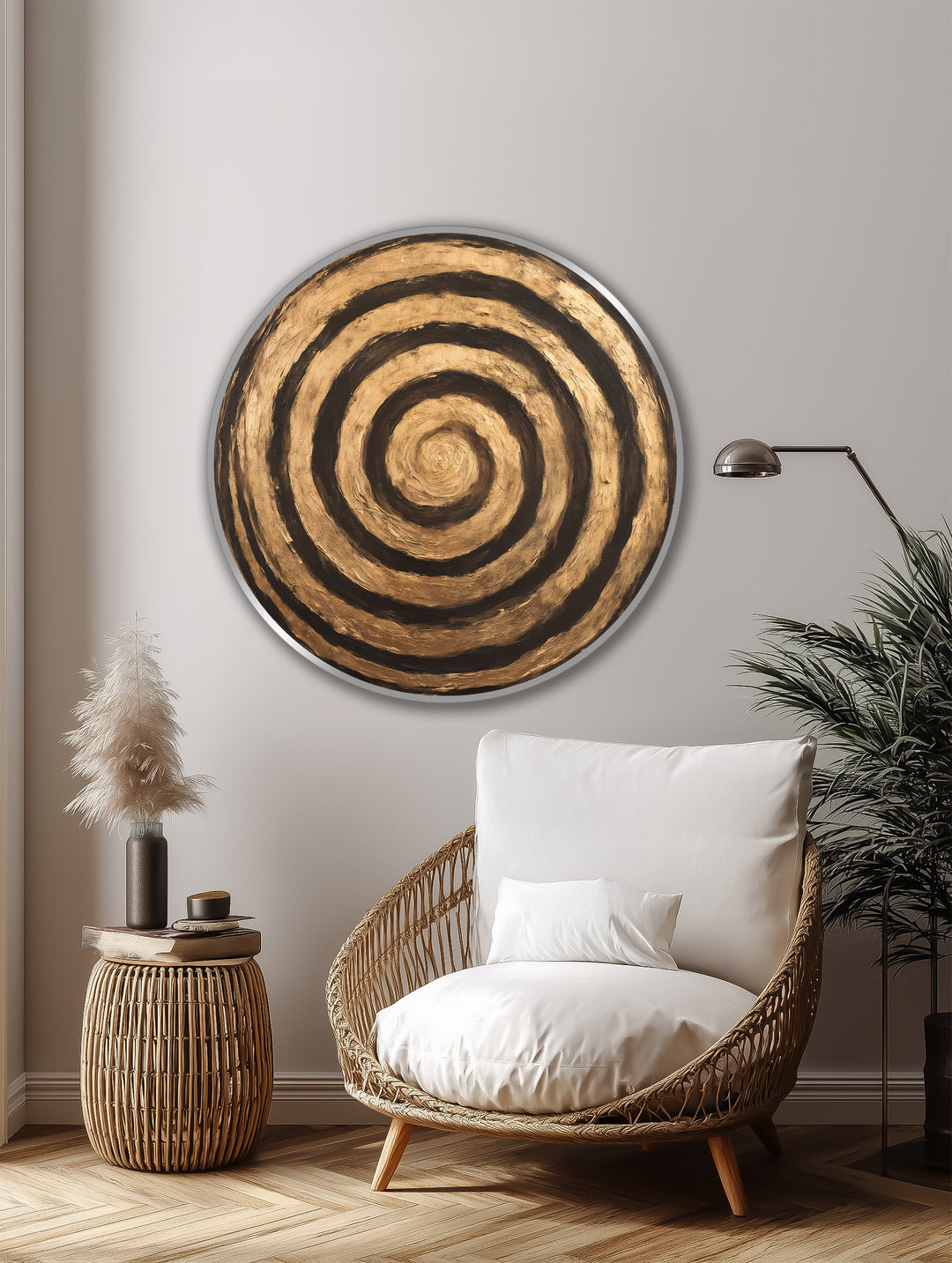 Horizontal and circular, the Golden Ripple oil painting art prints showcase an abstract round design with concentric golden rings.