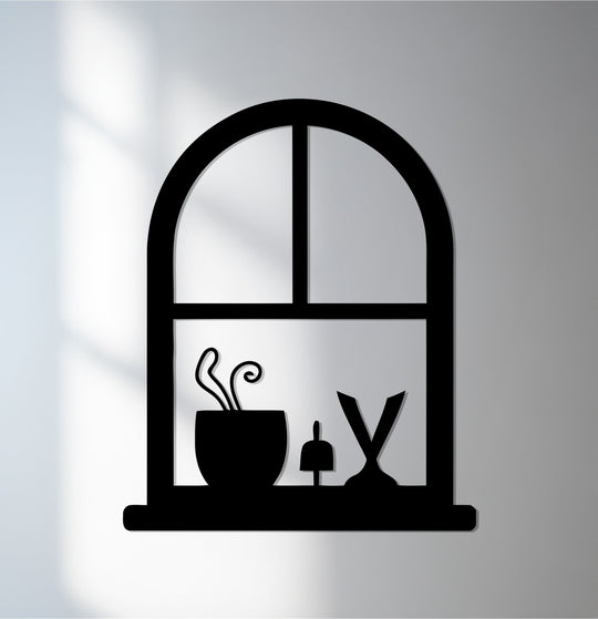 Focusing on the focal point, this decoration wall art features a minimalist black metal arched window frame displaying a potted plant and vase on the windowsill.