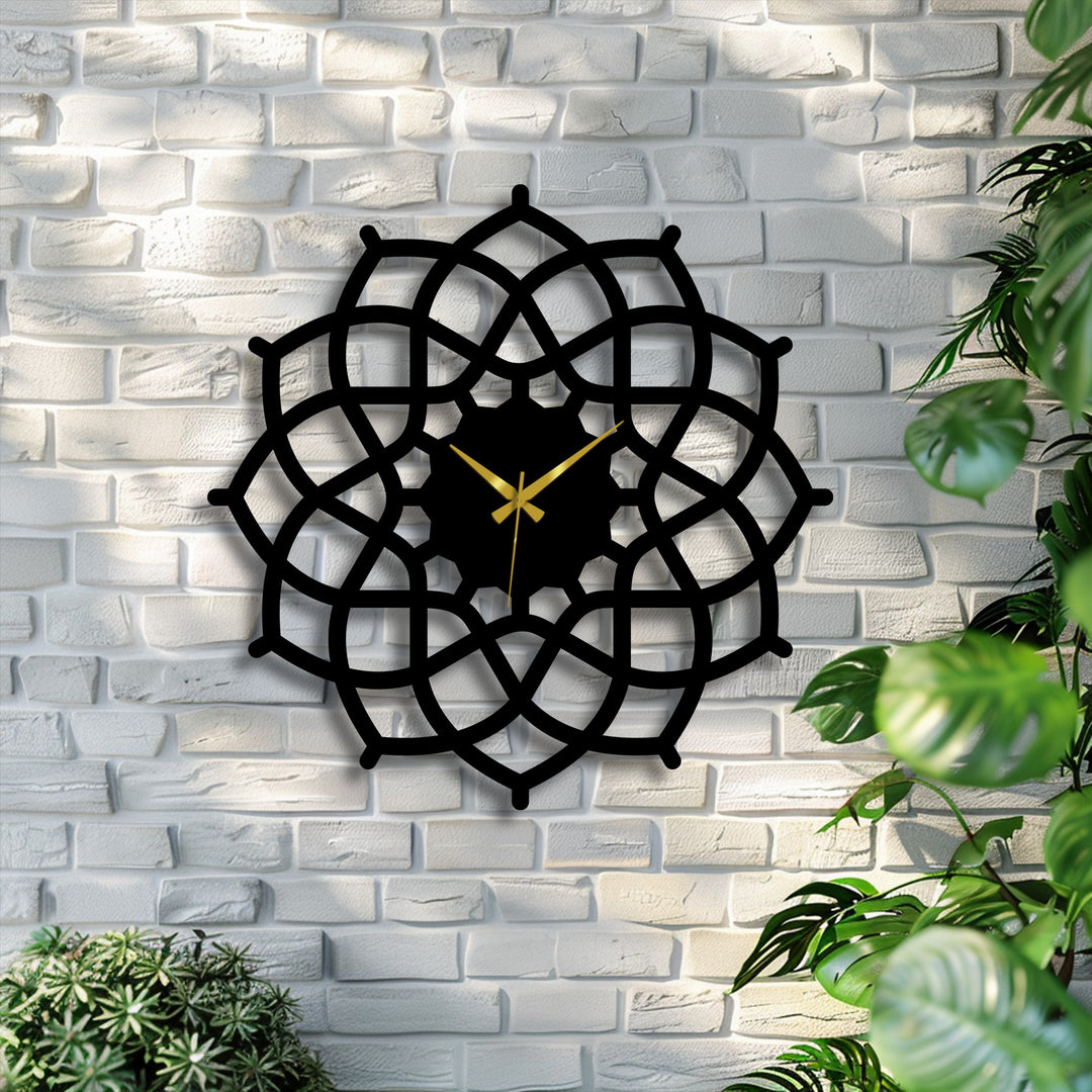 Intertwining depth and layers define this geometric mandala metal artwork wall clock with its symmetrical abstract design, creating an eye-catching centerpiece.