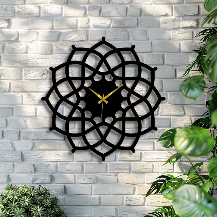 Intertwining depth and layers define this geometric mandala metal artwork wall clock with its symmetrical abstract design, creating an eye-catching centerpiece.