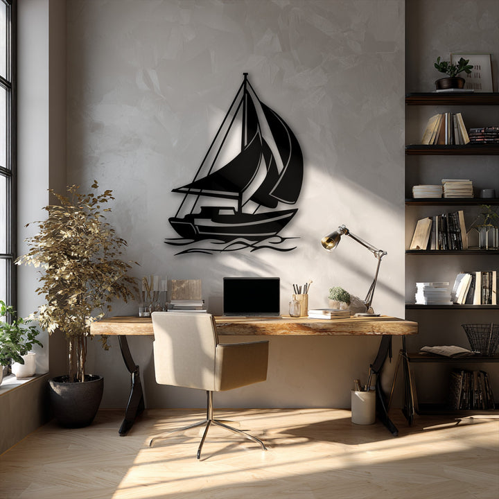 The stillness of a sunlit home office is enhanced by the elegant sailing boat metal art for wall, creating a serene nautical ocean decor.