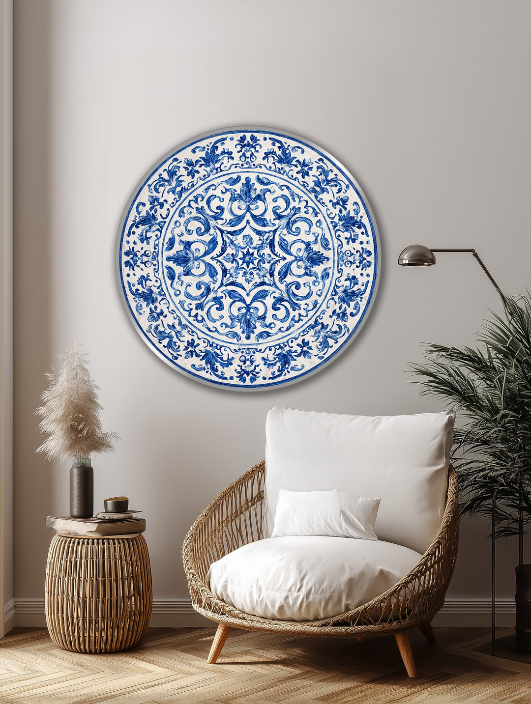 Classic Blue Ornamental Plate-Style Round Oil Painting