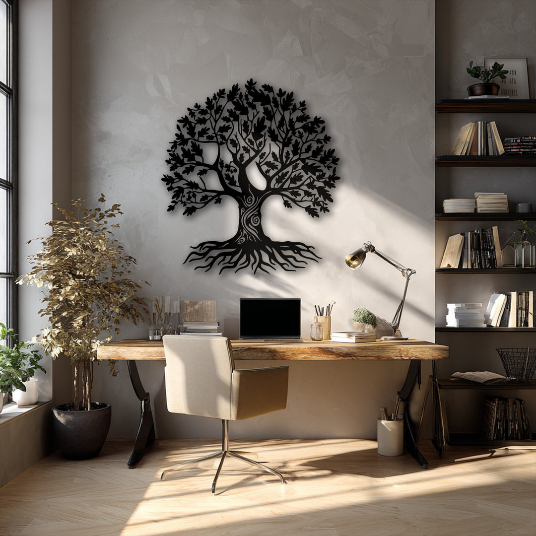 Light greige tones dominate this serene office, featuring an ornate Tree of Life metal artwork as a striking nature symbol decor.
