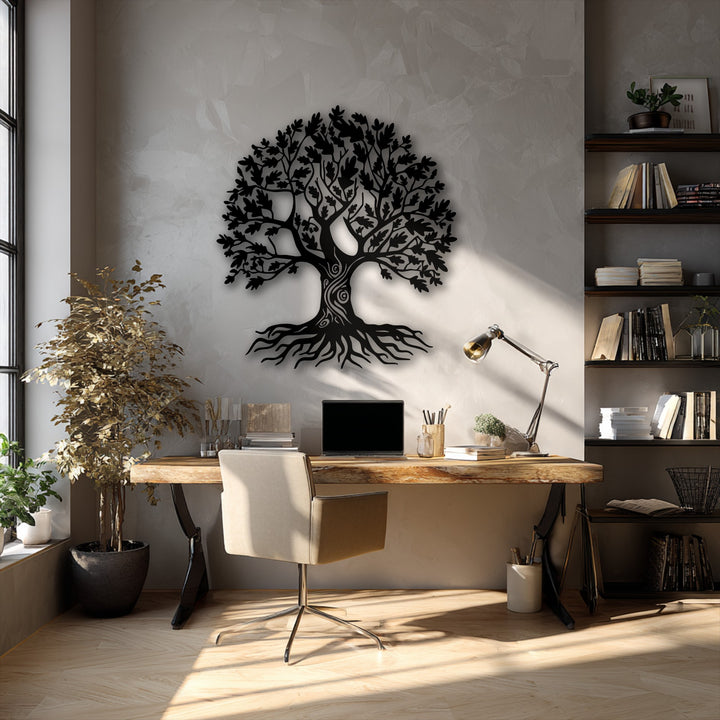 Light greige tones dominate this serene office, featuring an ornate Tree of Life metal artwork as a striking nature symbol decor.