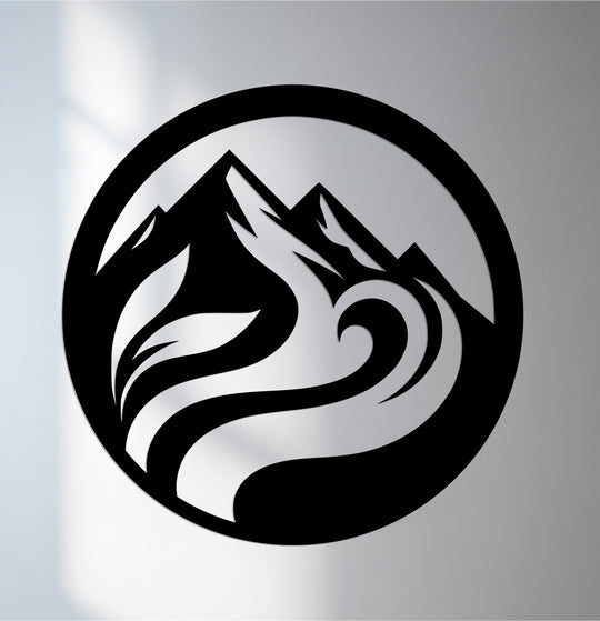 Dominating the eye, the minimalist mountain and river design defines this captivating metal art for wall, showcasing flowing peaks within a bold circular form.