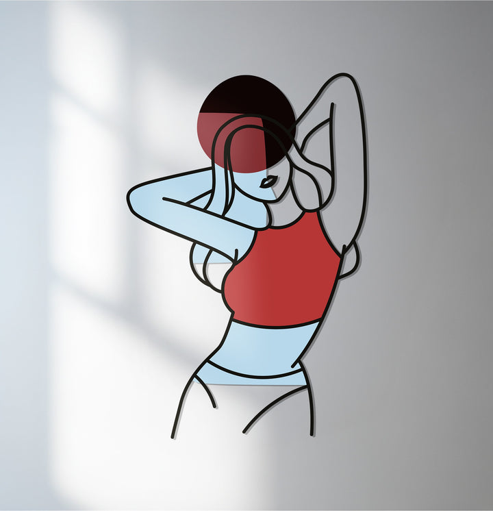 Abstract woman silhouette metal wall art in red and blue tones