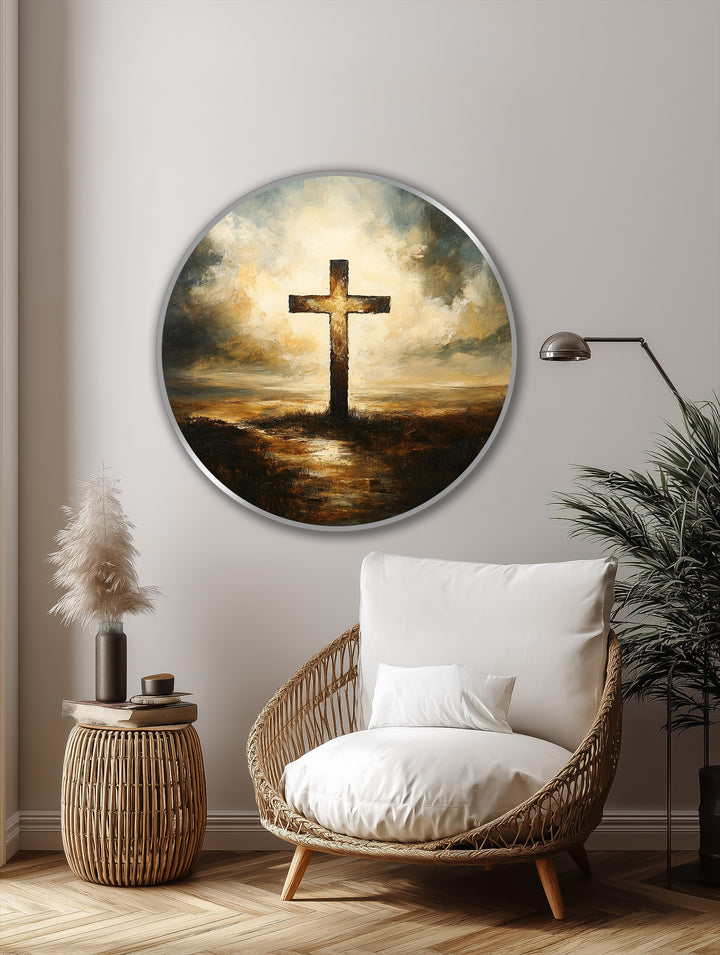 Radiant light emanates from the center cross in this luminous oil painting artwork, depicting a beacon of salvation against dramatic skies.