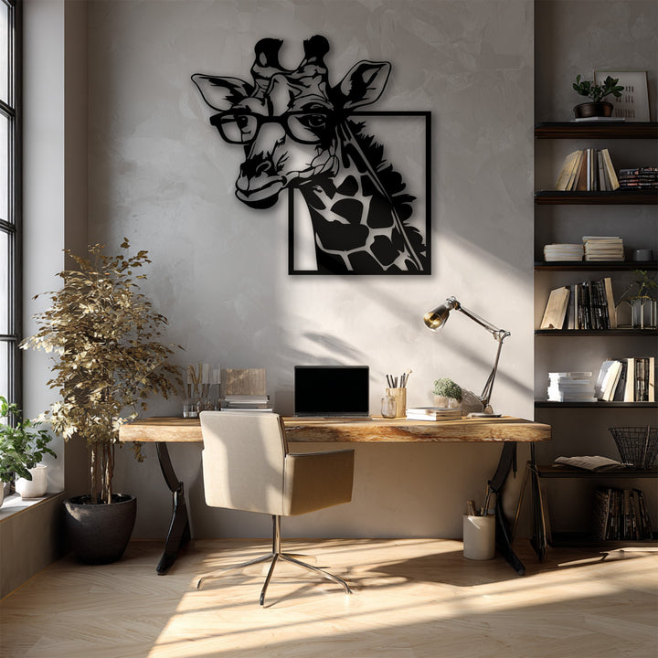 An inviting and creative atmosphere is established by the stylish giraffe with glasses unique metal wall art in a sun-drenched modern office.