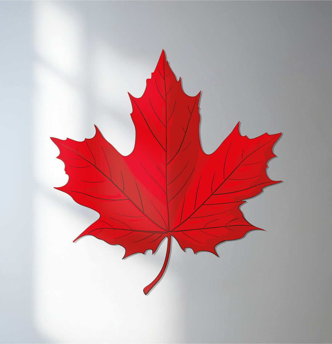 Bright red maple leaf dominates this metal art for wall piece, exhibiting bold Canadian nature-inspired decor, a striking and vibrant element.