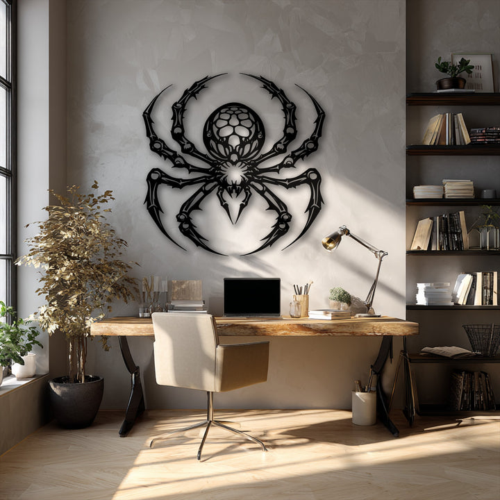 The stark color contrast of the dark gothic spider metal art for wall against the light textured background creates a dramatic focal point.