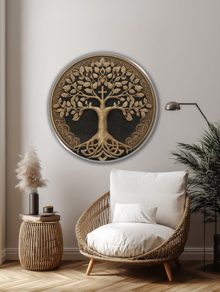 Dramatic light and shadow enhance the ornate details of this round sacred tree of life with cross, a captivating oil painting home decor accent.