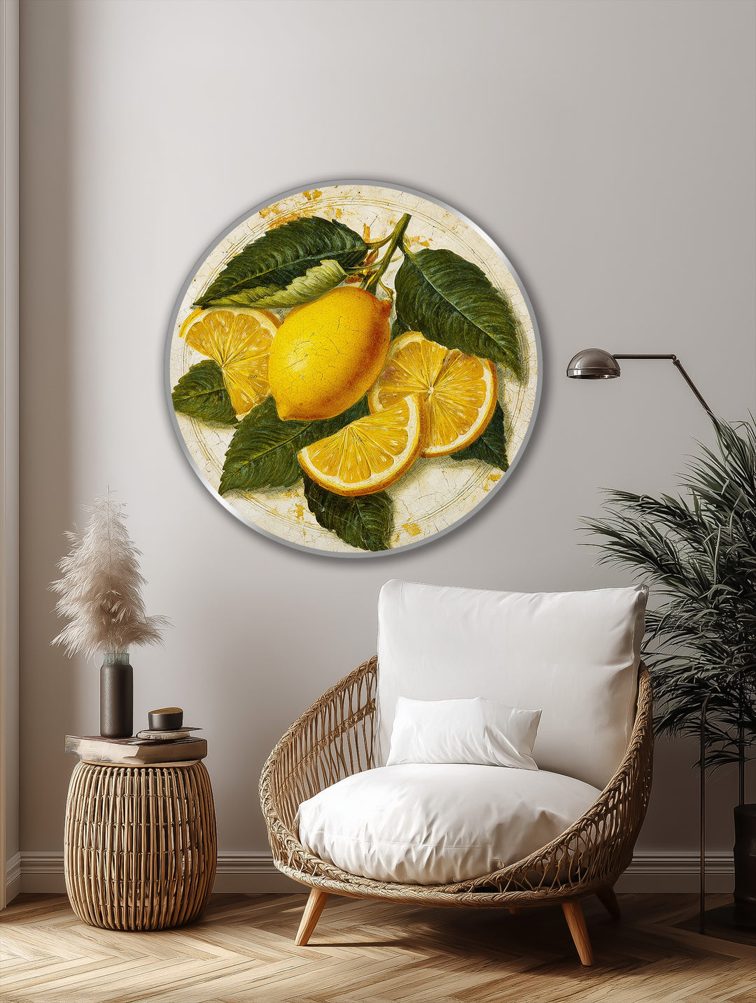 Soft yellow highlights the rustic lemon still life in this oil painting reproduction print, a vintage citrus round.