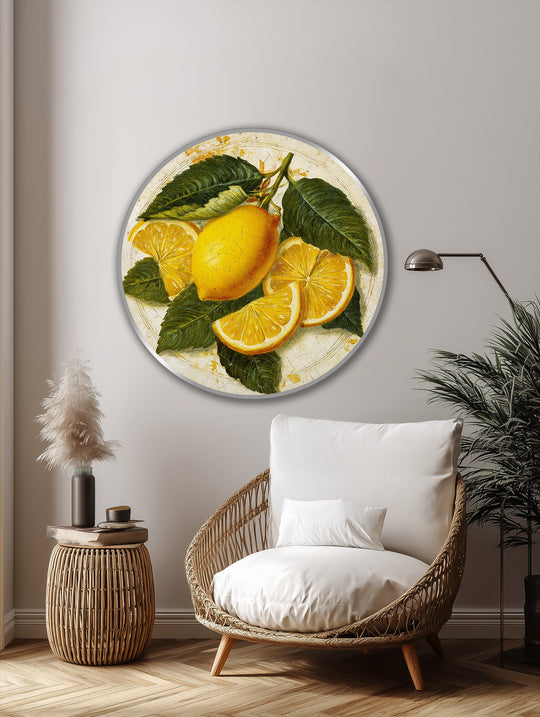 Soft yellow highlights the rustic lemon still life in this oil painting reproduction print, a vintage citrus round.