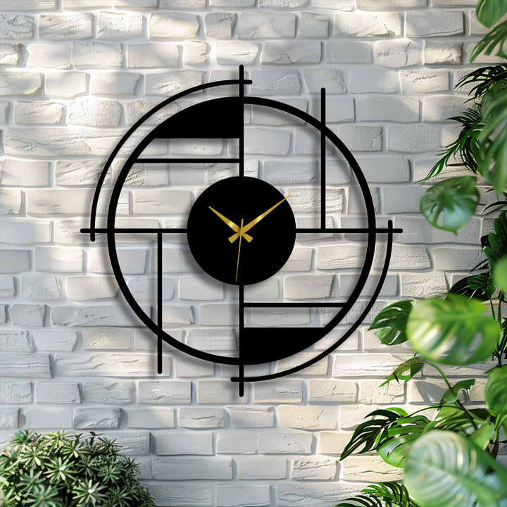 Calm radiates from this geometric circle metal wall clock, its modern abstract line design a peaceful statement in metal art for wall decor.