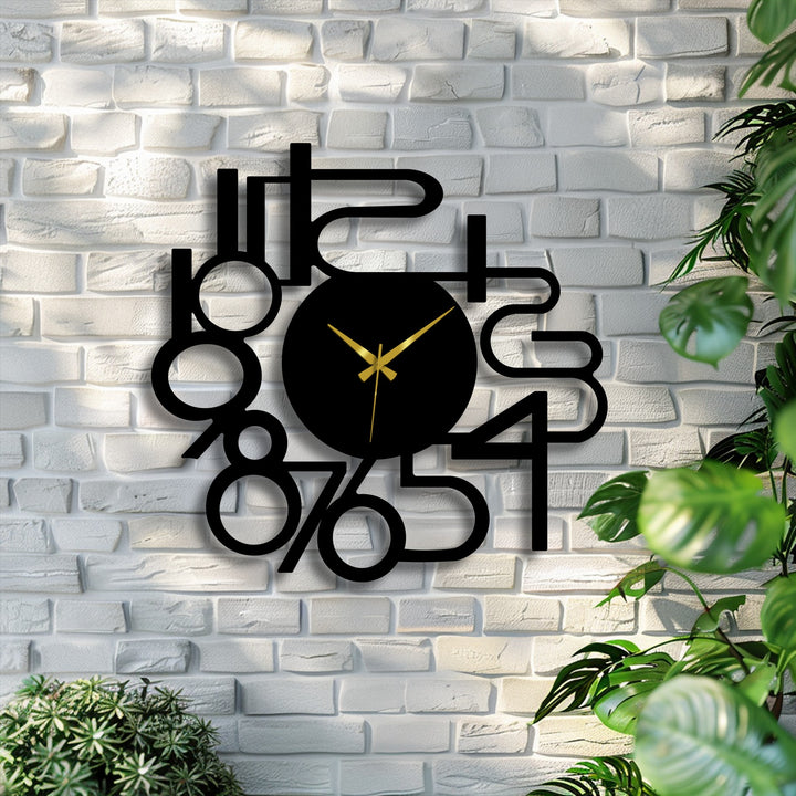 The organic forms of this modern abstract numbers metal wall decor clock artfully blend with soft shadows on a white brick wall.