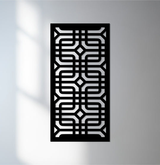 Soft, diffused light in the background accentuates the laser-cut geometric design of this infinity maze, offering a glimpse of unique metal wall art.