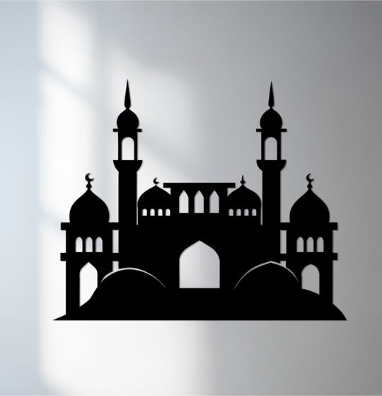 The central subject is the cut-out minaret and domes of this Islamic wall decor, a beautiful piece of metal art for wall, in a simple, sleek silhouette.