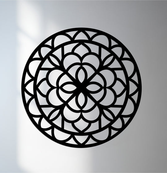 Featuring geometric elements, this mandala metal artwork showcases an intricate heart design with symmetrical patterns, creating a balanced visual centerpiece.