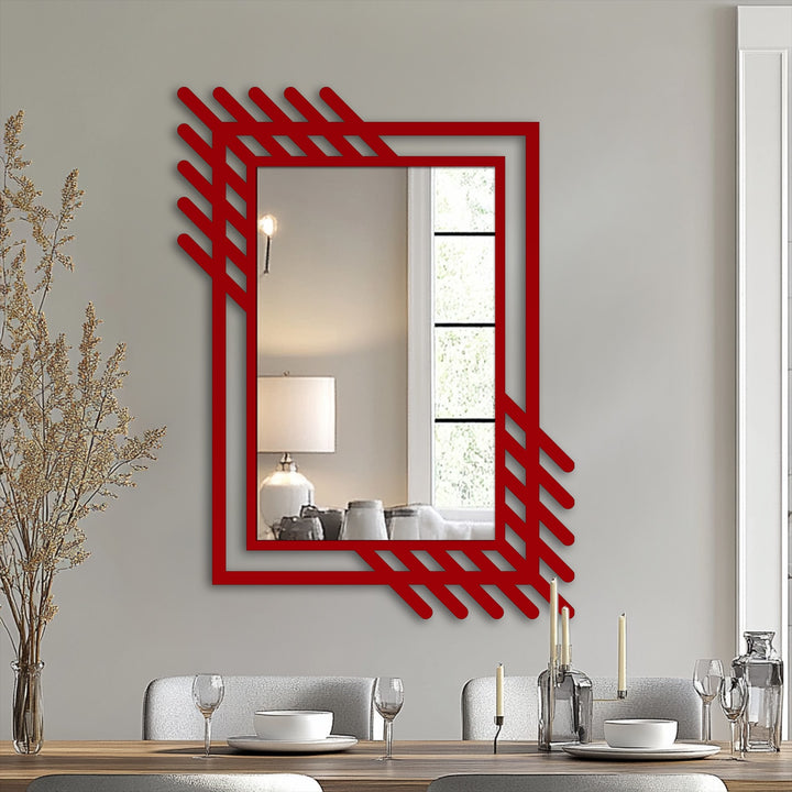 Red accents the striking abstract linear frame of this metal wall decor, a contemporary geometric modern mirror design for stylish living spaces.