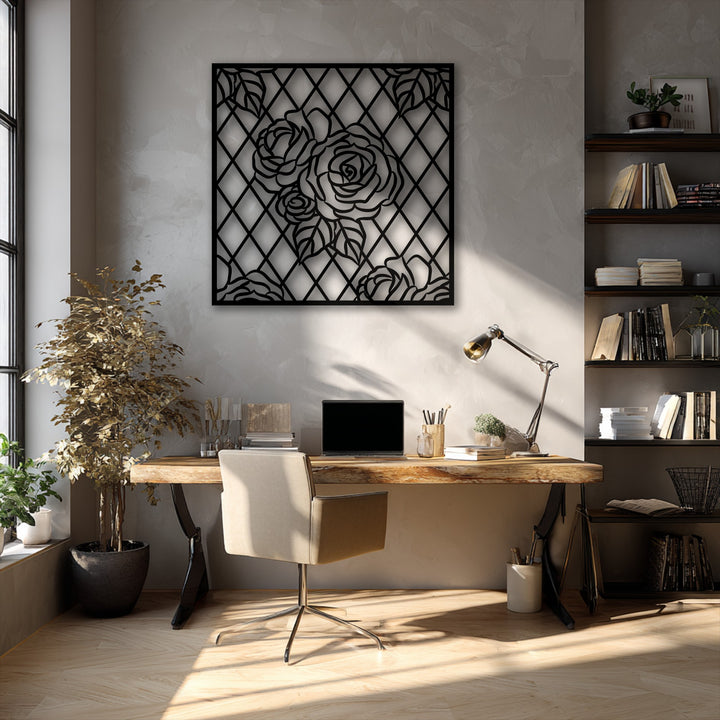 Showcasing superior material quality, this precision-cut rose lattice metal artwork offers elegant floral geometric panel decor.