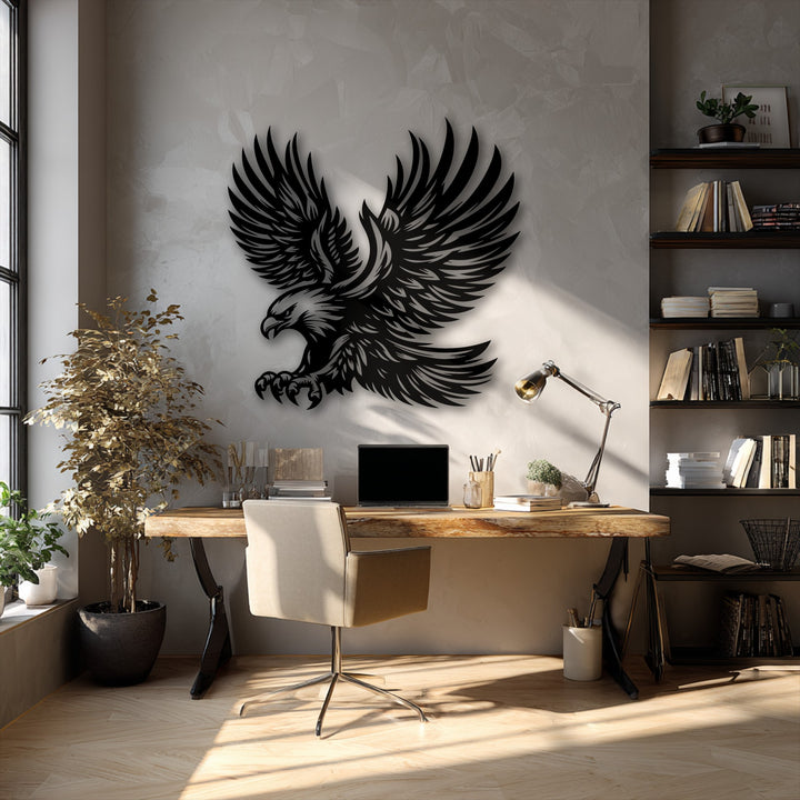 Strong sunlight casts crisp patterns of light and shadow, beautifully highlighting the majestic eagle metal artwork on the textured wall.