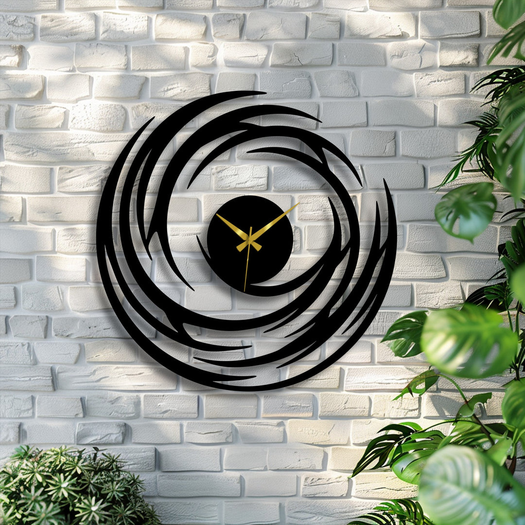 Featuring a matte black finish, this abstract spiral metal artwork clock offers a contemporary swirl design, making it an eye-catching decorative wall art piece.