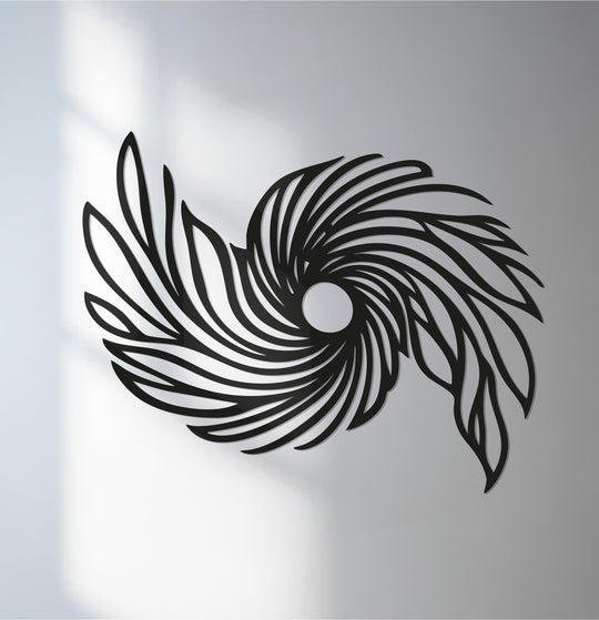 Visual rhythm is created by the spiraling, abstract sunburst in this decorative metal art, a modern black geometric design that draws the eye to its unique form.