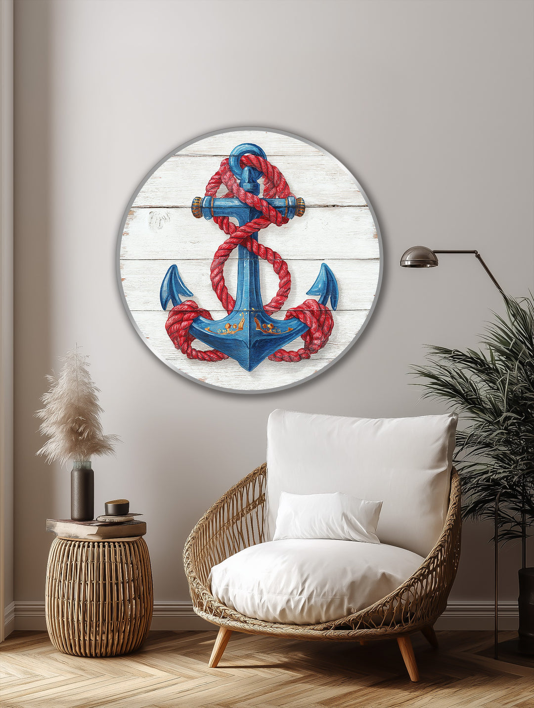 Nautical Anchor with Red Rope Round Oil Painting