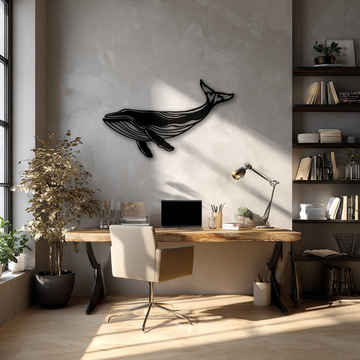 The layering effect is highlighted by the Majestic Whale Silhouette decoration wall art casting a profound shadow on the textured wall.