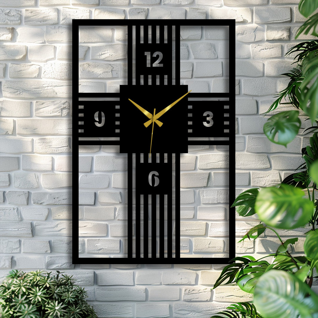 Sunlight illuminates the softly textured white brick wall behind the modern cross geometry metal wall clock, creating a backdrop for stylish metal art for wall.