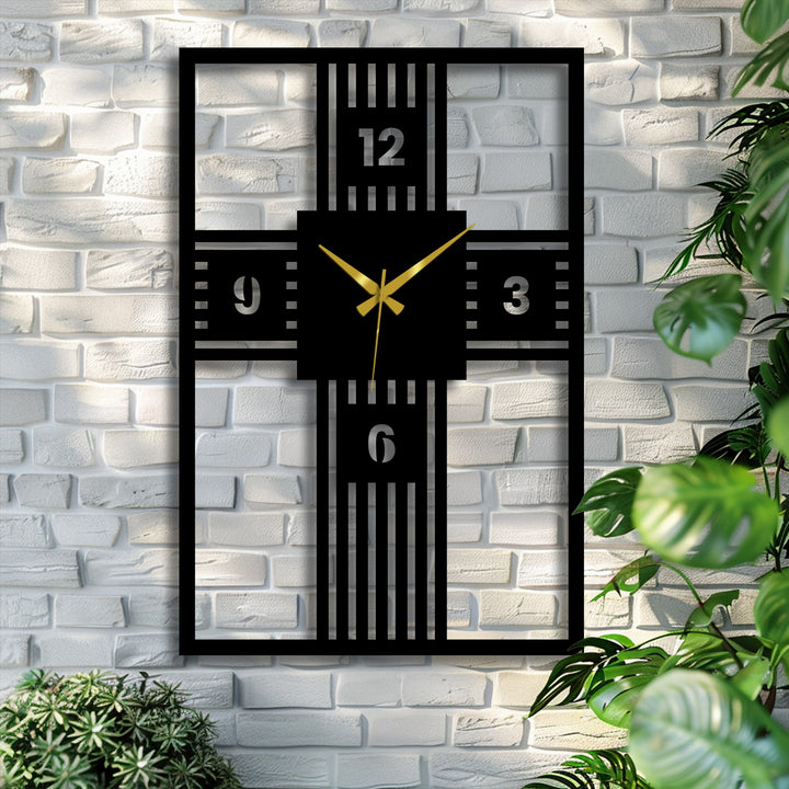 Sunlight illuminates the softly textured white brick wall behind the modern cross geometry metal wall clock, creating a backdrop for stylish metal art for wall.