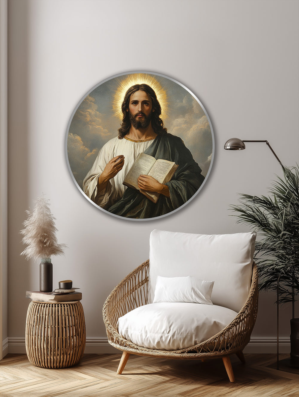 Strong color contrast in this captivating oil painting wall art highlights the divine wisdom portrait, where the golden halo sharply contrasts with the subdued tones.