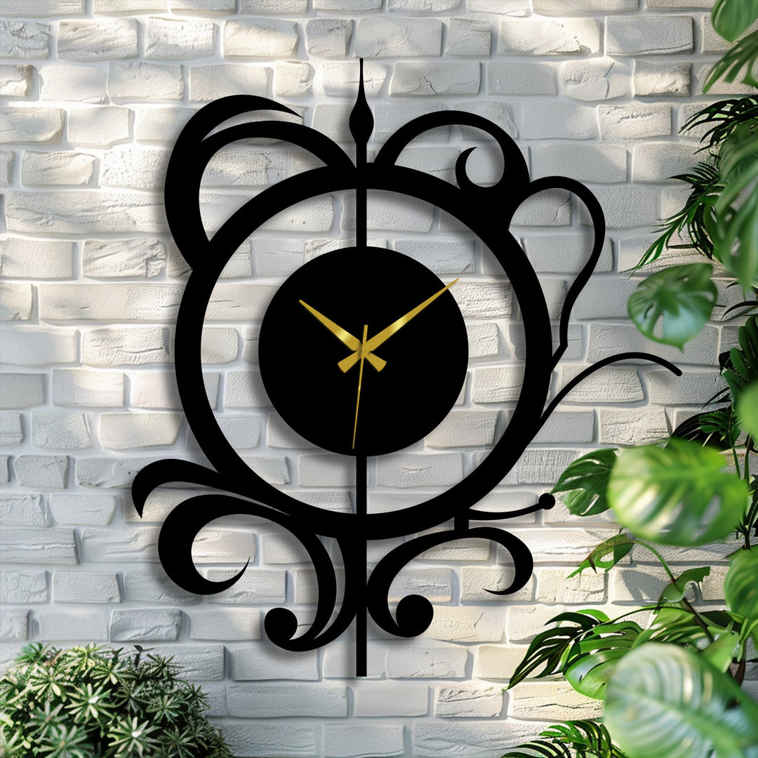 The fine craftsmanship is evident in this elegant decorative metal art clock, with its scrolling floral patterns and sleek black finish on a realistic brick wall.