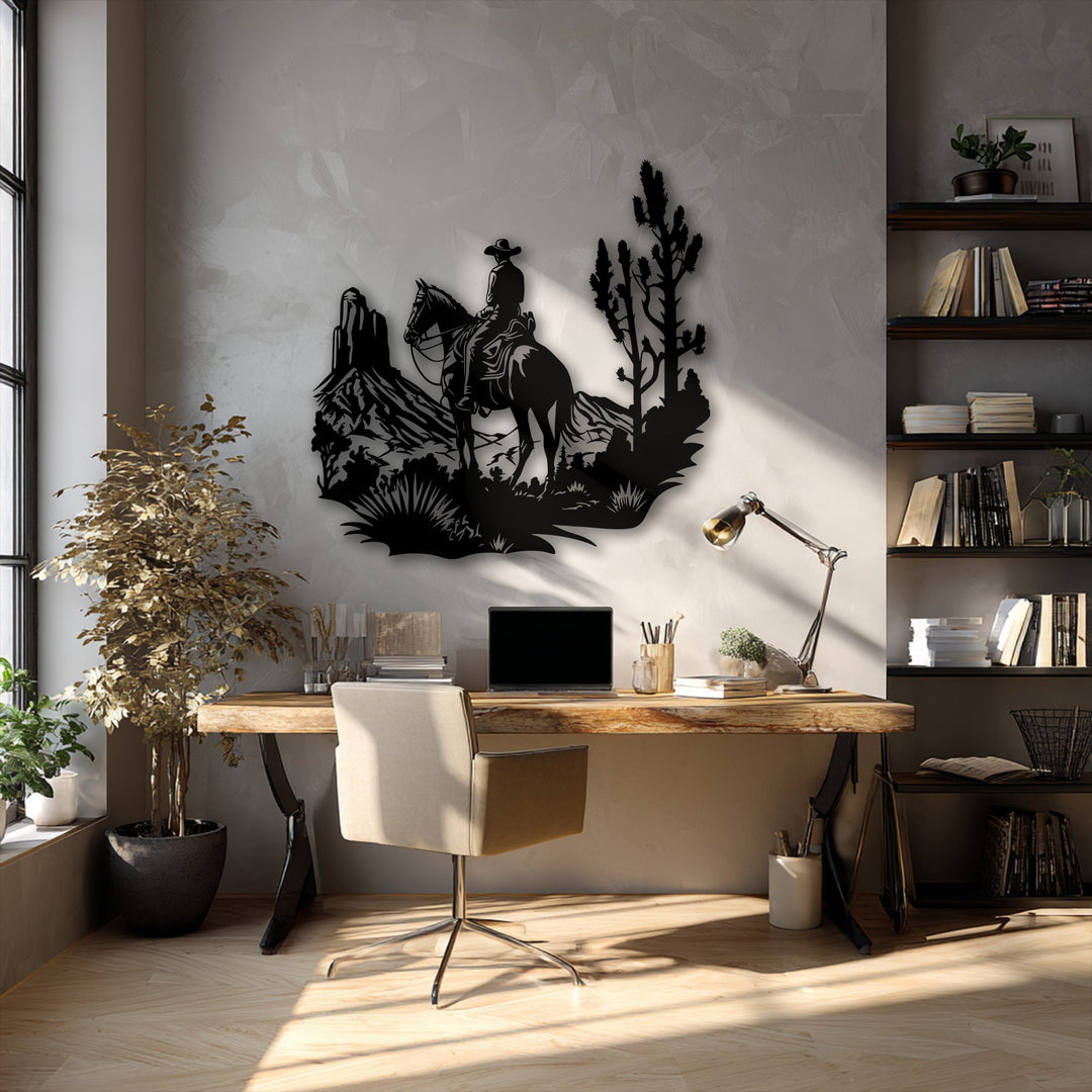 Bold sunlight and crisp shadows accentuate the dramatic Western Cowboy Landscape metal wall art, creating an impactful decoration wall art focal point.