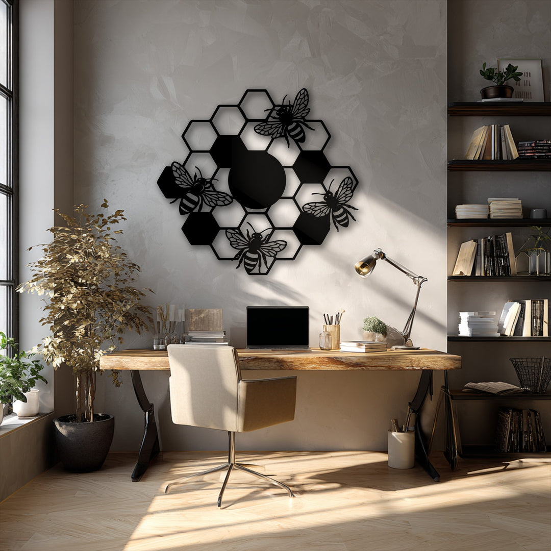 The raw, textured wall highlights the intricate cutout details of the sleek honeycomb bees metal artwork, complementing the natural wood grain.