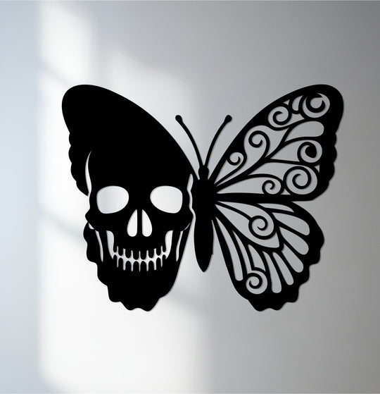 Angular lines juxtapose swirling forms in this decorative metal art showcasing a skull-butterfly motif, combining macabre and natural geometric elements.